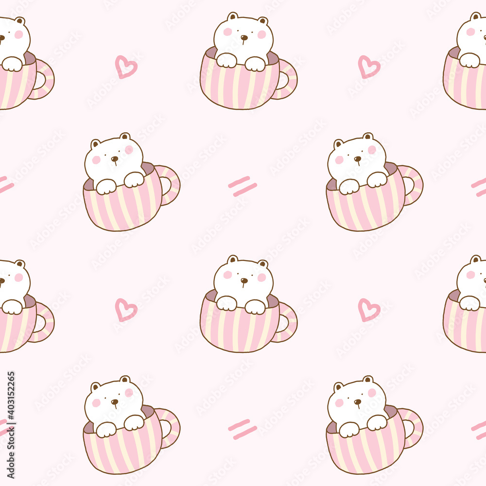 Seamless Pattern with Cute Cartoon White Bear in Coffee Cup Illustration Design on Light Pink Background