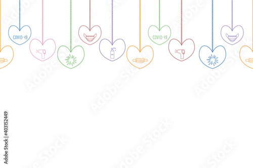 A set of colorful hearts, decorated with a medical theme. Seamless horizontal border. Repeating vector pattern. Isolated colorless background. Valentines Day and the coronavirus. Idea for web design.