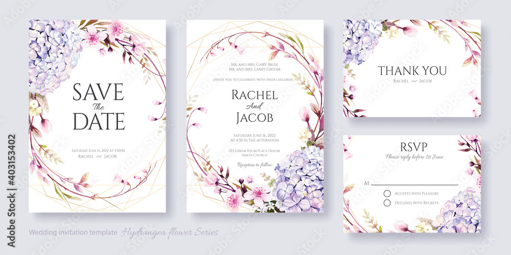 Wedding Invitation, save the date, thank you, RSVP card Design template. Vector. hydrangea and Cherry blossom flowers.