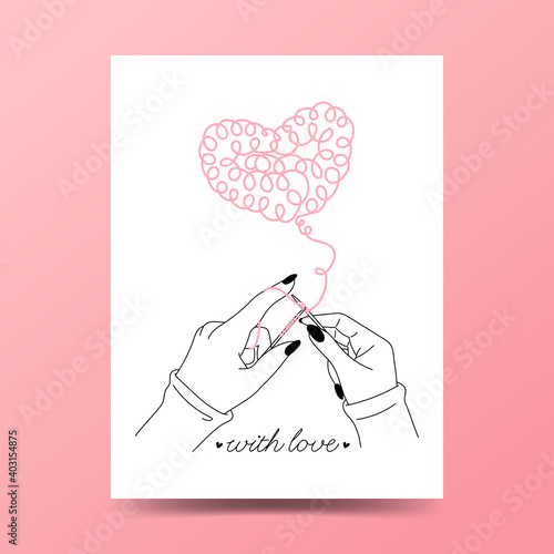 Knitting as a symbol of love concept for Valentine's day card. Hand drawn esoteric flat style vector.