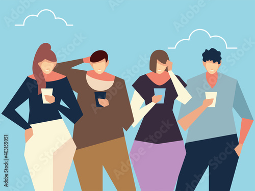 people using smartphone, guys and women standing together with devices