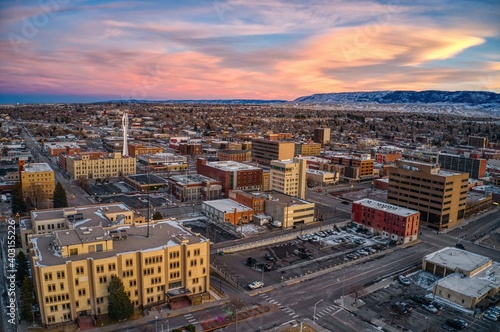 Aerial View of Downtown Casper, Wyoming at Dusk on Christmas Day photo
