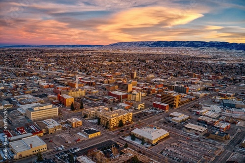 Fotobehang Aerial View of Downtown Casper, Wyoming at Dusk on Christmas Day