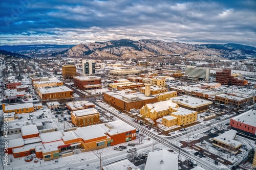 Aerial View of Rapid City  South Dakota with fresh Snow