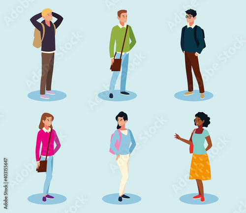 student universirty young people characters with bags