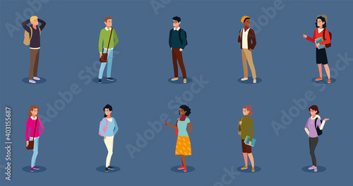 set of college or university students holding books and bags