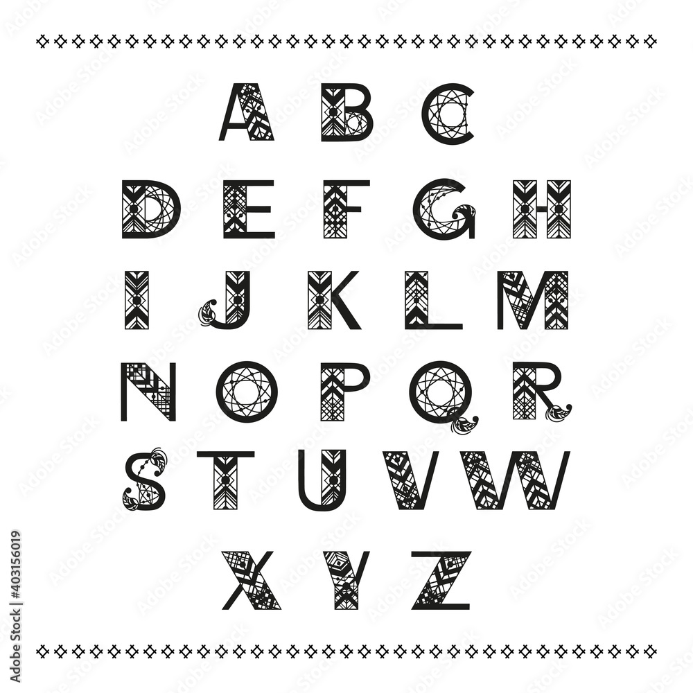 Tribal style alphabet. Ethnic ornamental font. Vector illustration