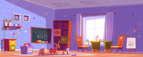 Kindergarten room, daycare center with toys, chalkboard, table and chairs for kids. Vector cartoon interior of nursery room in house or preschool with easel for drawing, shelves and toy box