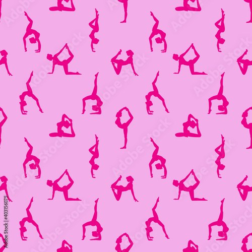 Seamless pattern of silhouettes of woman doing yoga poses on pink background. Feminine pattern for textile, wallpaper, cards. Vector illustration.