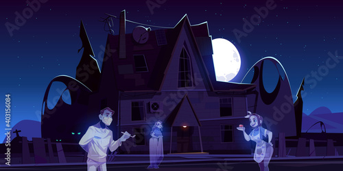 Scary old house with ghosts and cemetery at night. Vector cartoon landscape with spooky haunted mansion, graves and souls of dead man dentist and women. Halloween creepy illustration