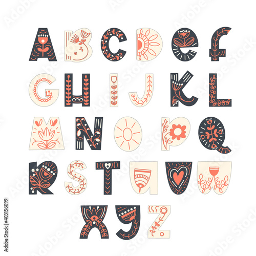 Hand drawn latin alphabet in scandinavian style. Folk art font with flower and leaves ornament. For typography poster, card, label, banner design.