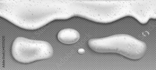 Soap foam with bubbles, white suds of detergent, cleaning gel or shampoo isolated on transparent background. Vector realistic illustration of froth in laundry, bath or shower