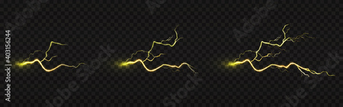 Lightning strike animation, electric discharge, impact place or magical energy flash in yellow color isolated on transparent background. Powerful electrical flash, Realistic 3d vector illustration