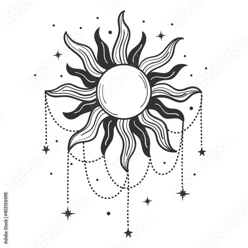 Modern symbol of the sun with jewelry, stylized drawing, engraving. Vintage mystical design in boho style, logo, tattoo. Vector illustration isolated on white.