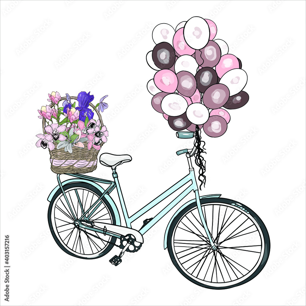 Vector illustration of a bicycle with balloons and flowers. Holiday transport element, blank for designers, logo, icon, vintage magnolia, orchid, lily