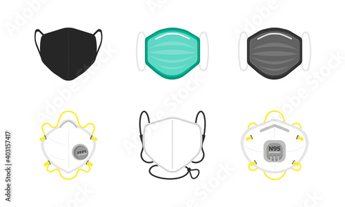 Graphic illustration set of types of face masks, medical equipments. Flat design.