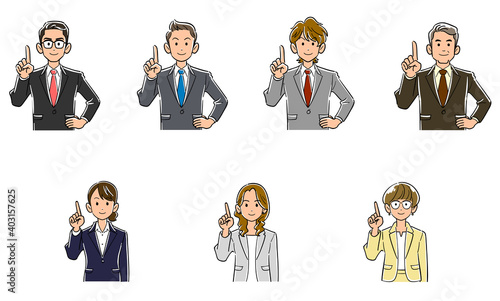 人差し指を立てて説明するビジネスマンとビジネスウーマンの上半身のセット
