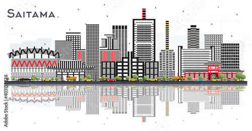 Fotografie Saitama Japan City Skyline with Color Buildings and Reflections Isolated on White