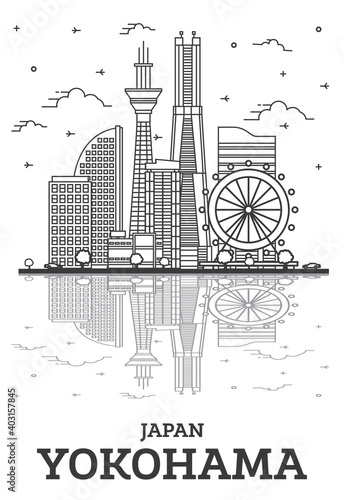 Outline Yokohama Japan City Skyline with Modern Buildings and Reflections Isolated on White.
