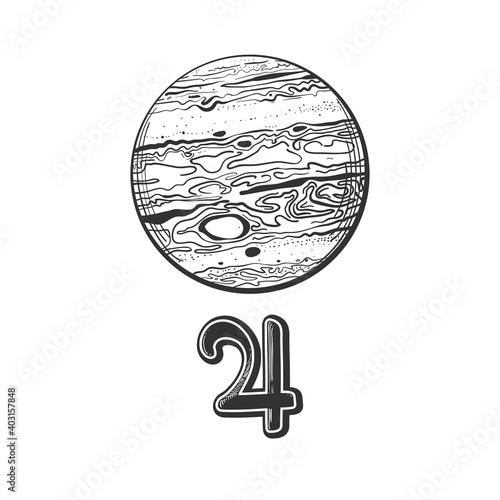 Planet Jupiter with astrological sign, linear hand drawing isolated on white background. Symbol for astrology, signs of the zodiac, divination.