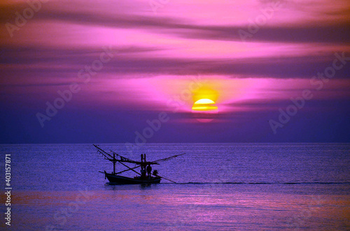  Seascape with fishing boat, Thailand.