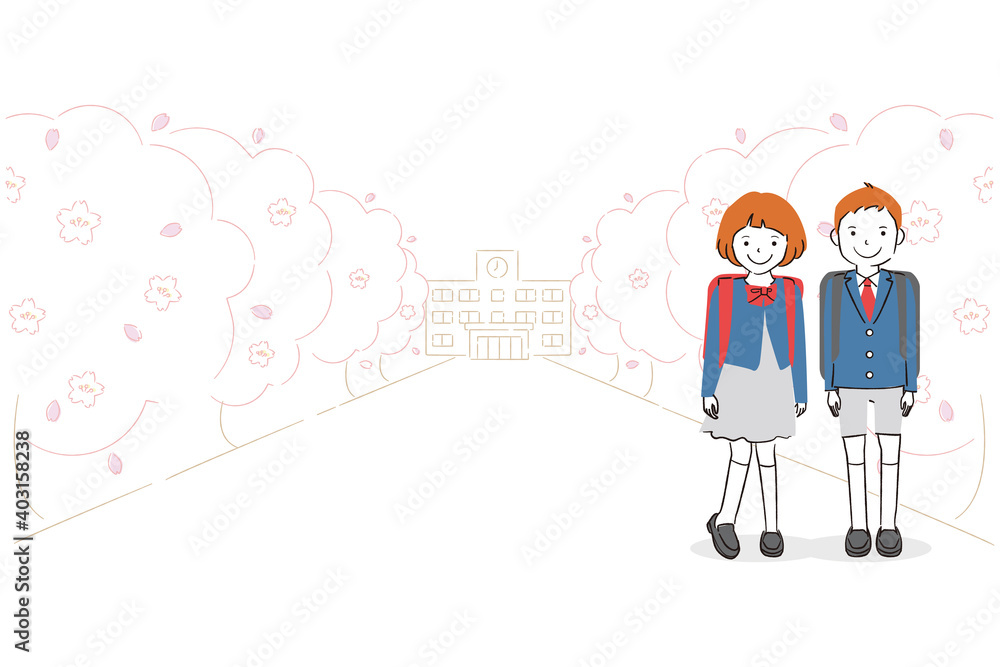 Obraz premium 手書き線画カラーイラスト 小学生の男女の学生が桜並木に立っている