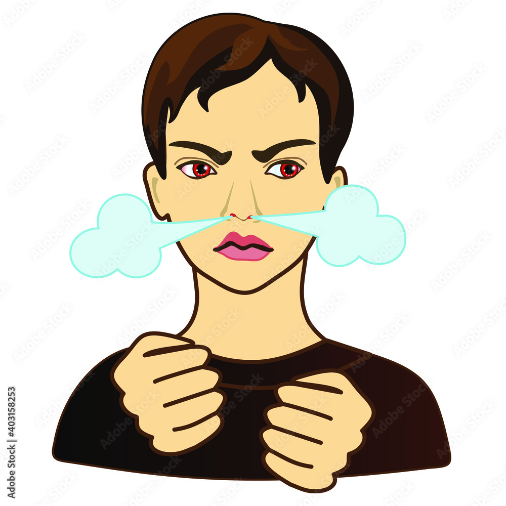 emoticon with a cool angry man with red eyes, from which nose comes steam from rage, color vector clip art on white isolated background