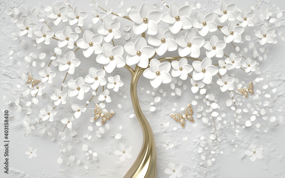 custom 3d wallpaper tree silver flower and butterfly ,3d illustration