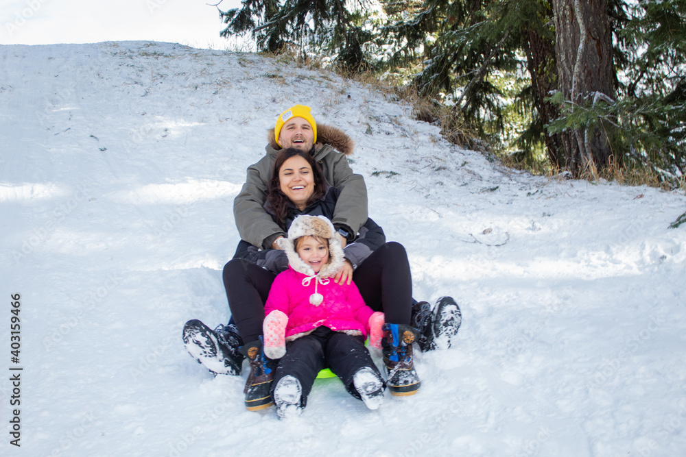 Happy young family going down a small snowy hill on a sled