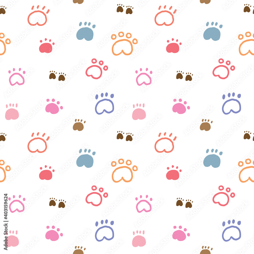 Seamless Pattern with Cartoon Paw Doodle Design on White Background