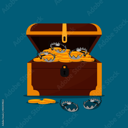 Bear traps and treasure chests with gold coins. Money trap concept