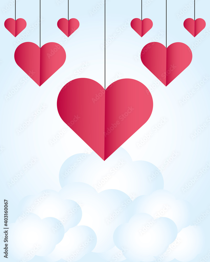 happy valentines day hanging hearts love on clouds sky background card