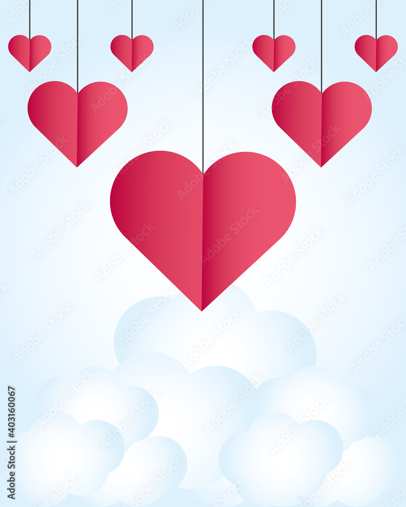 happy valentines day hanging hearts love on clouds sky background card happy valentines day hanging hearts love on clouds sky background card