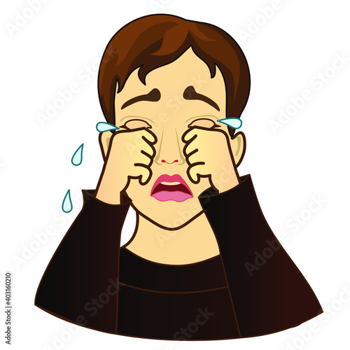 emoji with poor upset man that weeps and cries with tear drops running on his hands because he is devastated by troubles in life, simple colored emoticon