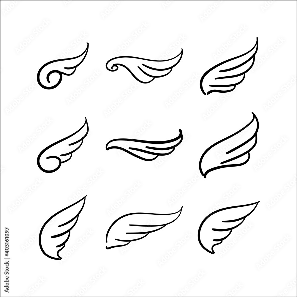 Sketch angel wings. Isolated collection of hand drawn wings. Doodle vector icons. Simple and minimalistic doodles vector.