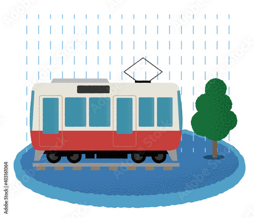 大雨の被害に遭う電車のベクターイラスト