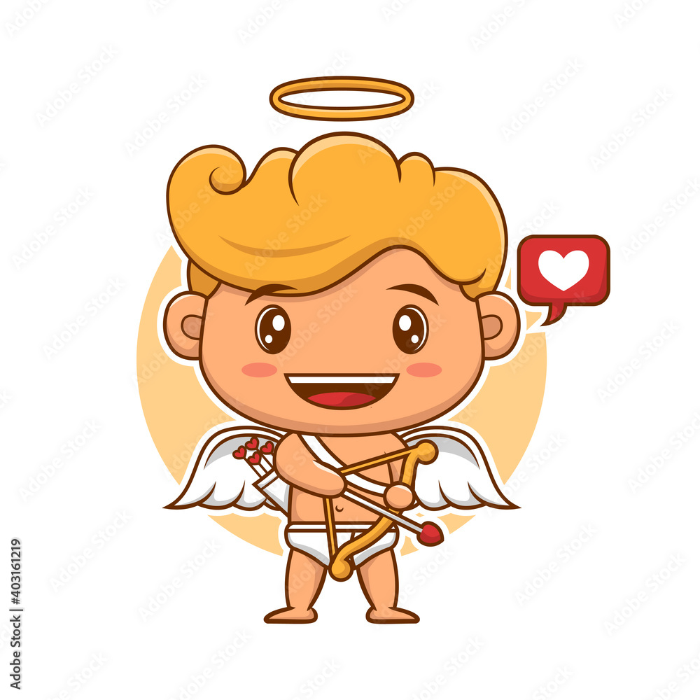 Funny little cupid holding arrow and bow. Illustration of a Valentine's Day. Vector illustration in a cartoon style. Isolated on white background. Funny little cupid holding arrow and bow. Illustration of a Valentine's Day. Vector illustration in a cartoon style. Isolated on white background.
