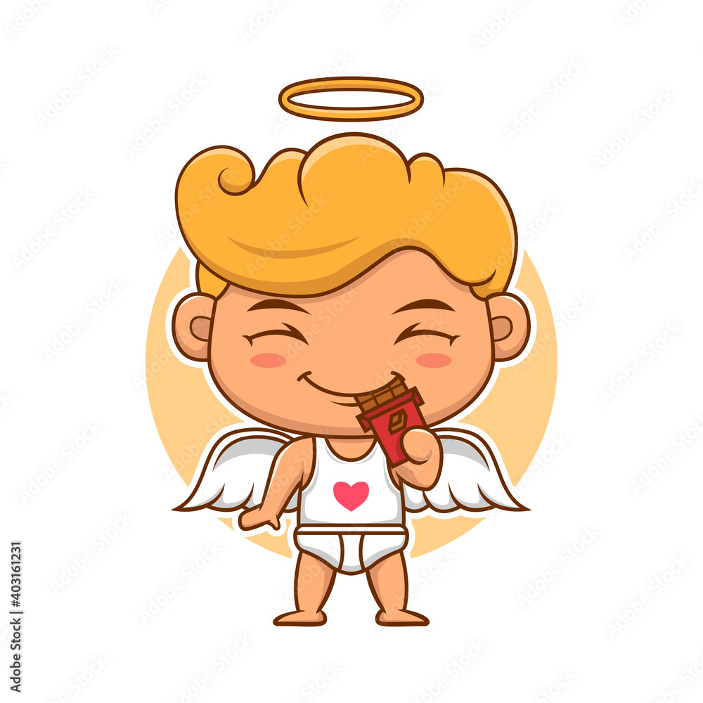 Funny little cupid eating chocolate. Illustration of a Valentine's Day. Vector illustration in a cartoon style. Isolated on white background. Funny little cupid eating chocolate. Illustration of a Valentine's Day. Vector illustration in a cartoon style. Isolated on white background.