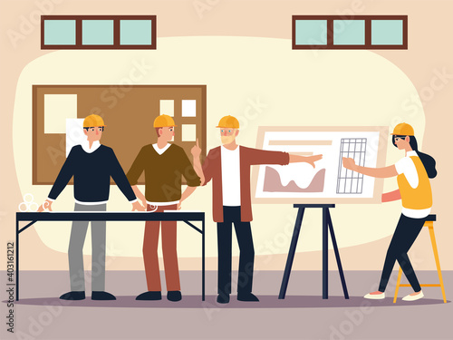 builders and architects discuss about construction project in the office