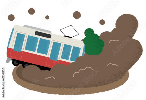 土砂災害に遭う電車のベクターイラスト