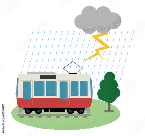 雷雨の被害に遭う電車のベクターイラスト