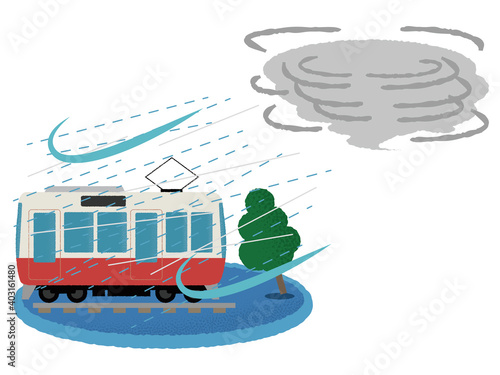 台風の被害に遭う電車のベクターイラスト
