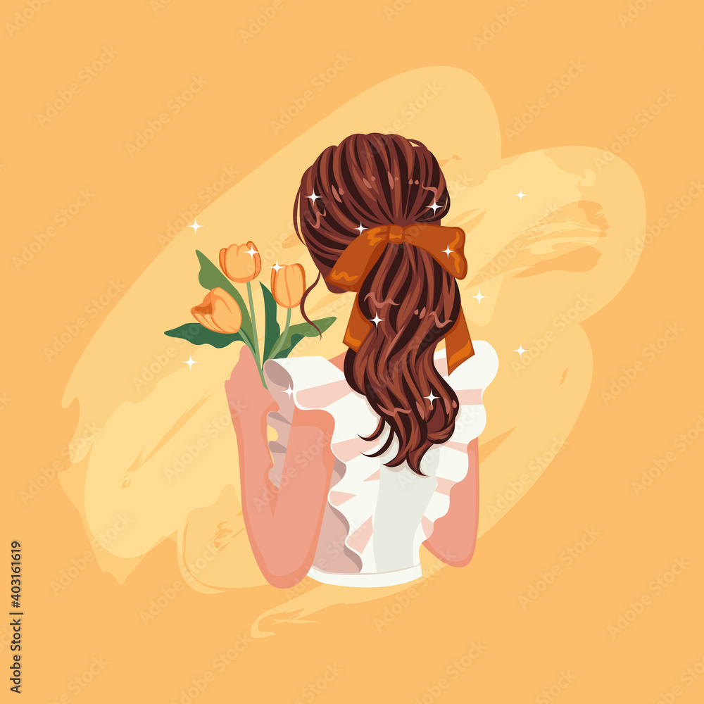 Brunette woman's hair from back side. Cute girl holding yellow tulip flower.  Girly pony tail hair style. Stock Vector | Adobe Stock