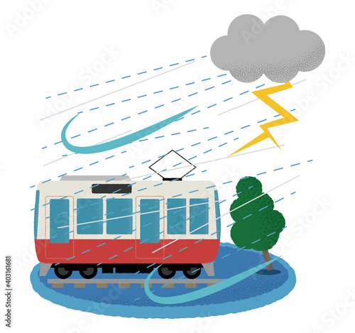 雷雨の被害に遭う電車のベクターイラスト