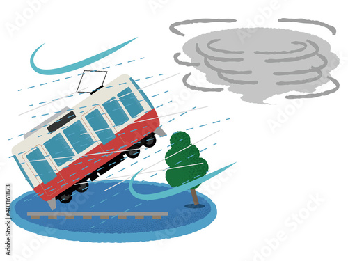 台風の被害に遭う電車のベクターイラスト