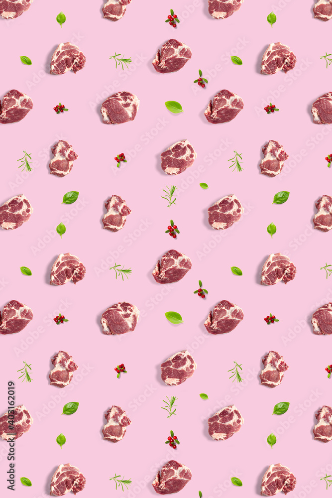 background with raw pork meat slices on pink background, raw food background, not pattern, poster modern creative, flatlay