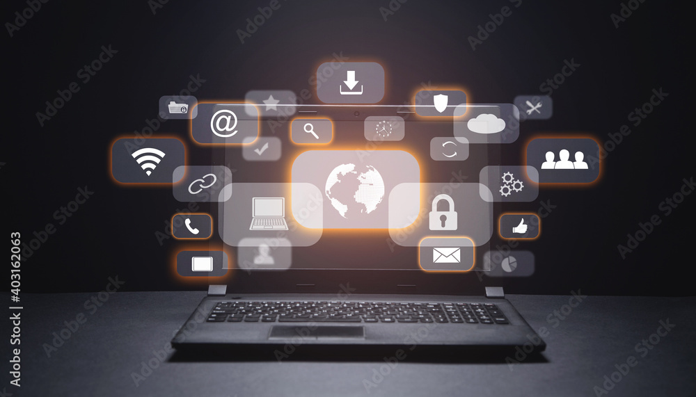 Black laptop. Global network. Social Media. Internet. Technology Black laptop. Global network. Social Media. Internet. Technology