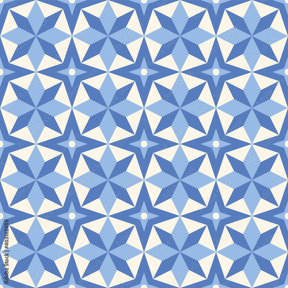 Blue patchwork quilt pattern design in blue and cream, vector geometric background with star shapes. Blue patchwork quilt pattern design in blue and cream, vector geometric background with star shapes.