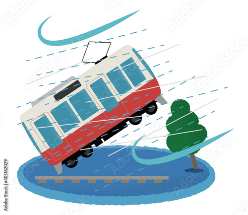 台風の被害に遭う電車のベクターイラスト