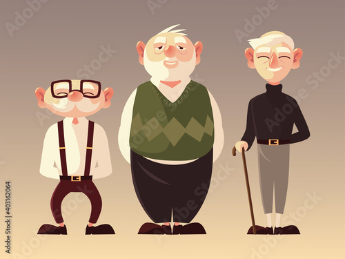 senior people men characters cartoon with glasses and walk stick